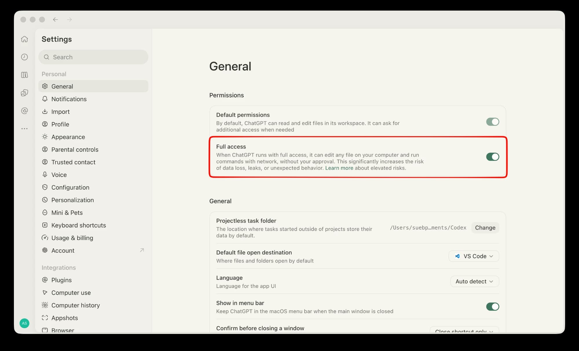 หน้า Settings > General ของ Codex มีกรอบแดงที่สวิตช์ Full access ซึ่งเปิดอยู่
