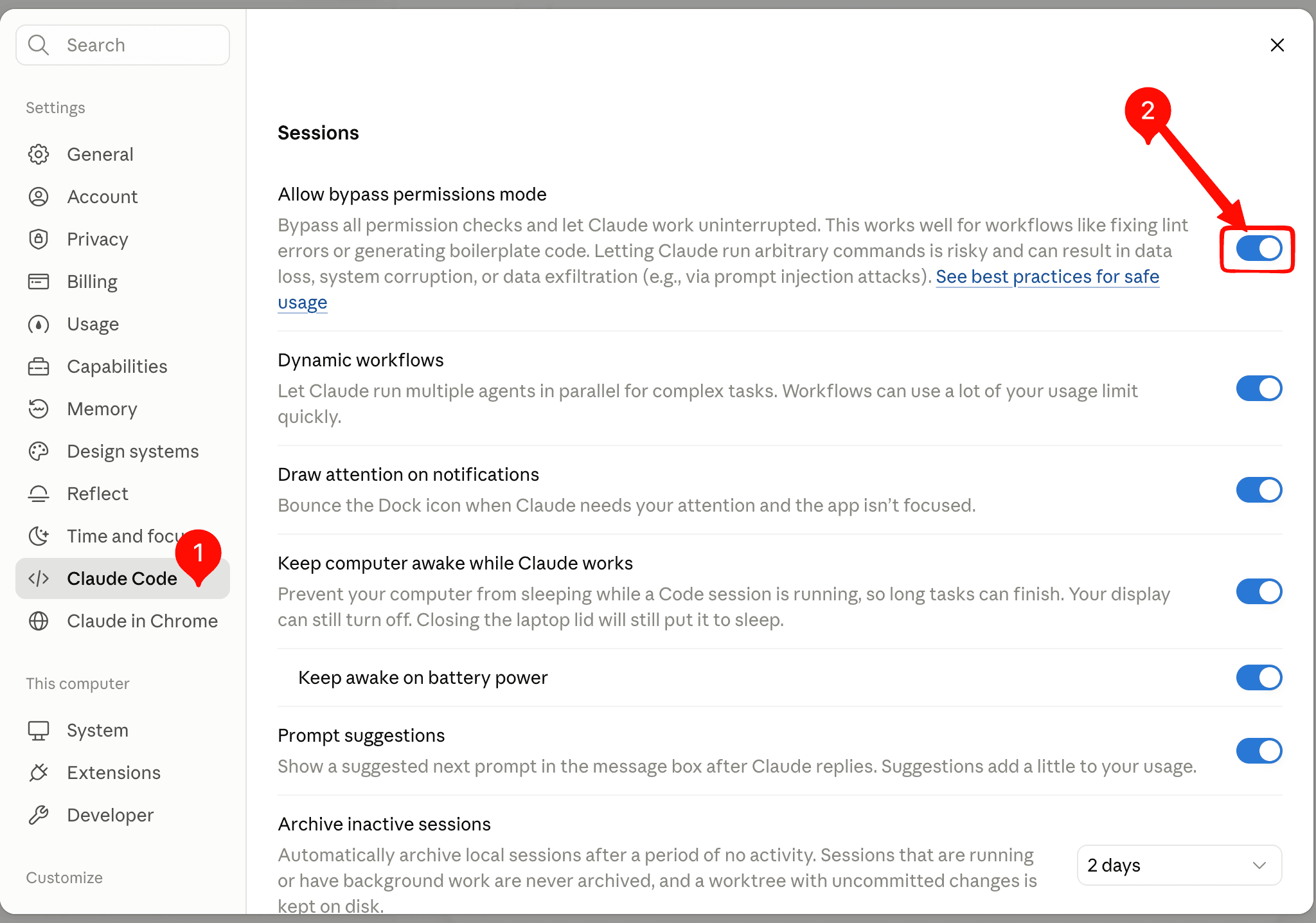 หน้า Settings > Claude Code มีลูกศรชี้ที่สวิตช์ Allow bypass permissions mode ซึ่งเปิดอยู่