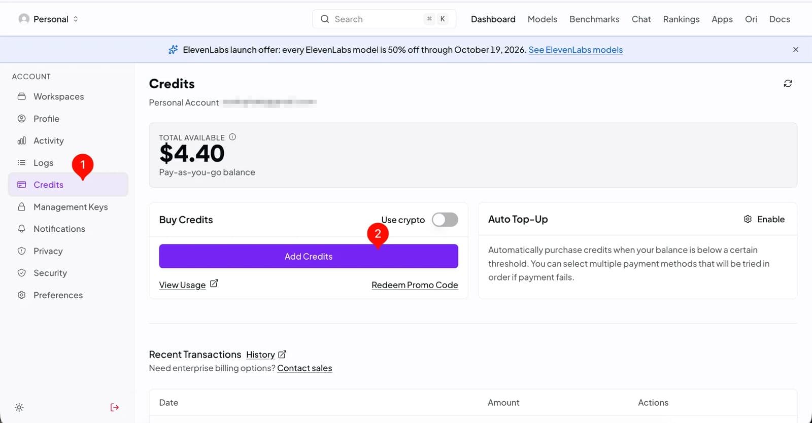 หน้า Credits ของ OpenRouter มีหมุดเลข 1 ที่เมนู Credits และหมุดเลข 2 ที่ปุ่ม Add Credits