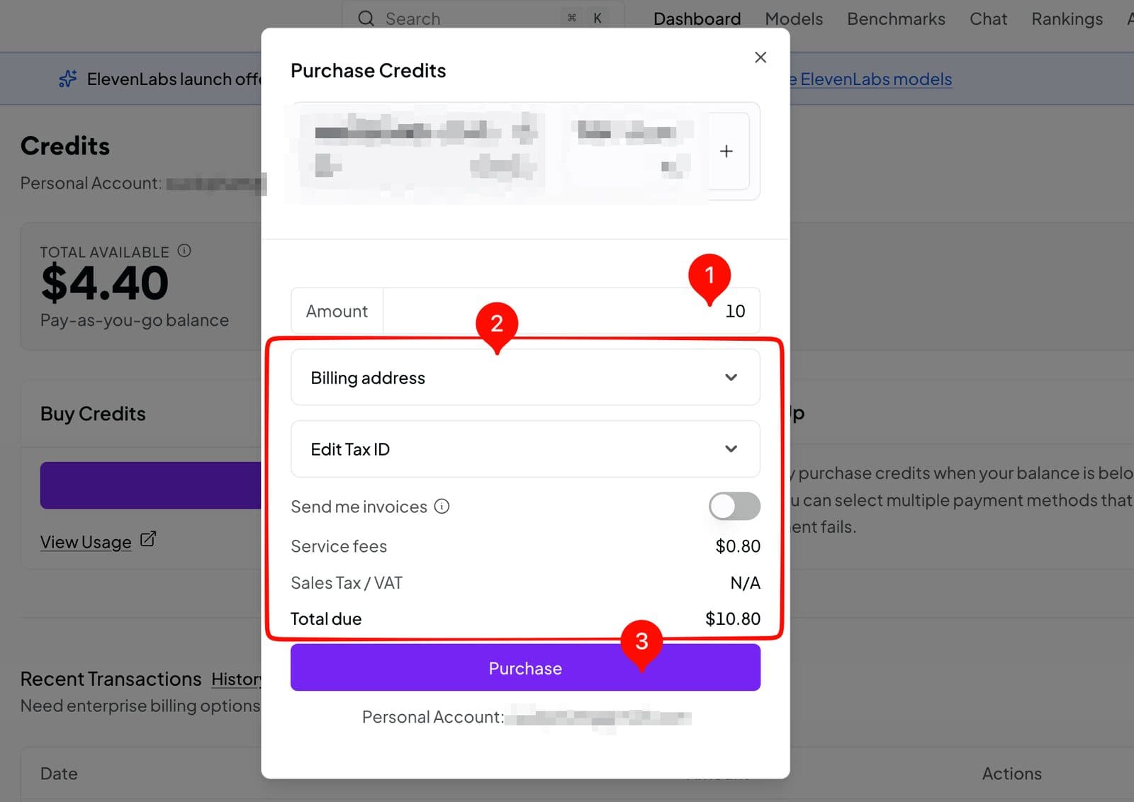 หน้าต่าง Purchase Credits มีหมุดเลข 1 ที่ช่อง Amount หมุดเลข 2 ที่กรอบรายละเอียดค่าบริการและยอดรวม และหมุดเลข 3 ที่ปุ่ม Purchase